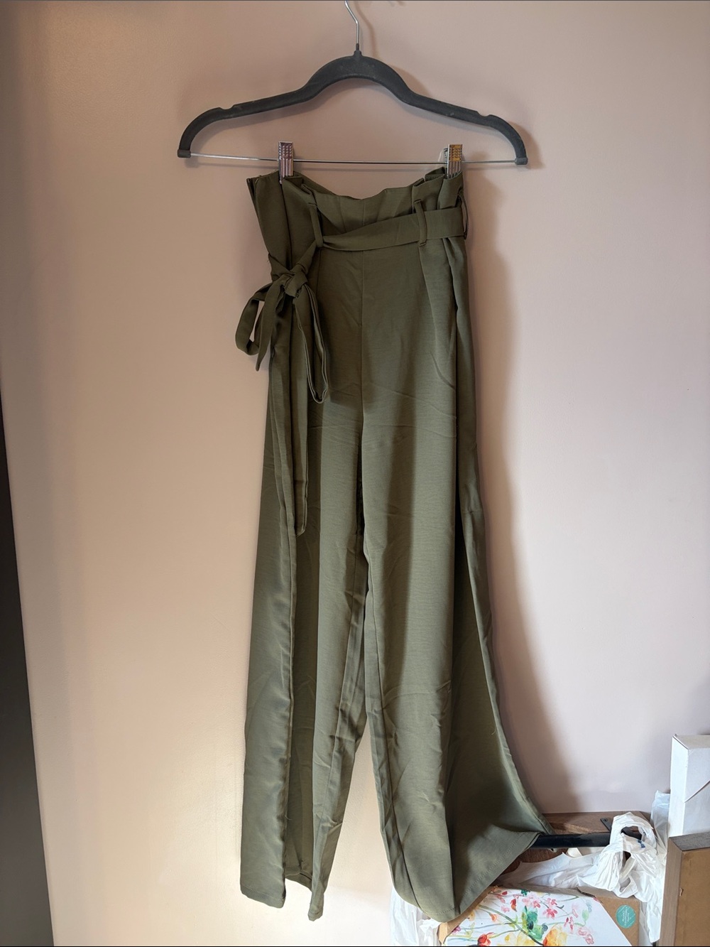 High-Waist Olive Green Paperbag Wide-Leg Pants